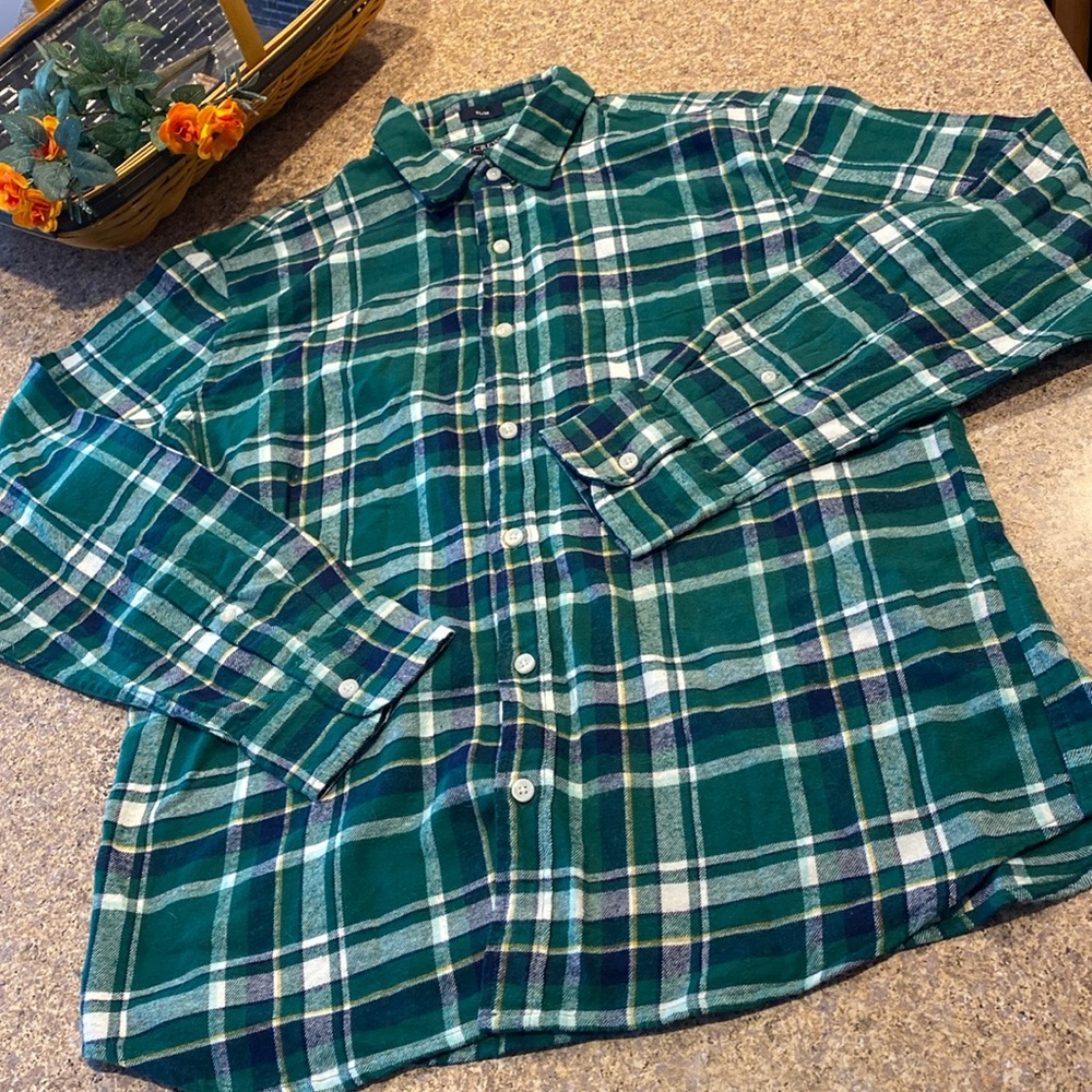 J. Crew Flannel Green Blue Plaid Men's Long Sleeve Button Up Shirt Large